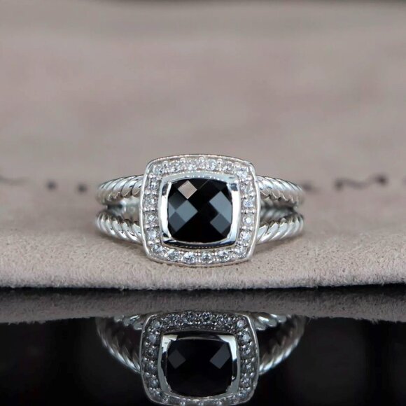 David Yurman Sterling Silver Petite Albion Black Onyx Diamond 7mm Ring Sz 8 - Picture 1 of 6